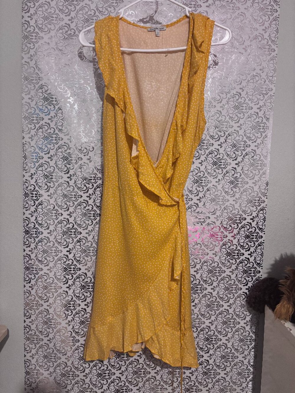 Charlotte Russe Yellow Polka Dot Ruffle Wrap Dress (Size XLarge)
